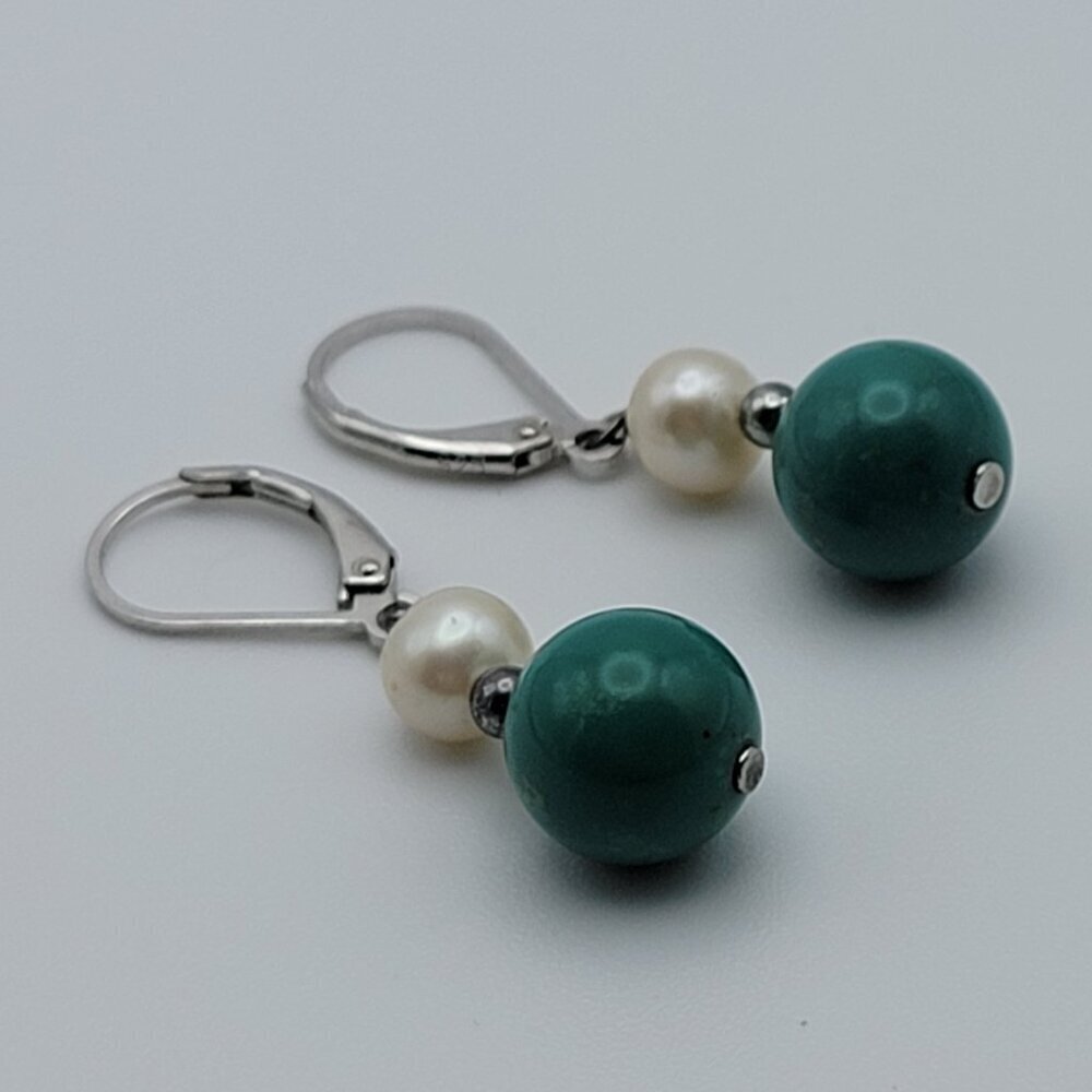 Vintage Pearl And Turquoise Drop Earrings Sterling Silver 925 Leverback Clasp 1"